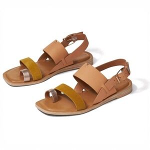 Toms Freya Honey Amber Gold Leather Suede Flat Sandals Women's Size 12